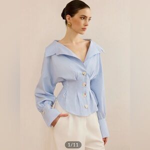 Commense Striped collard shirt with waist cinching design